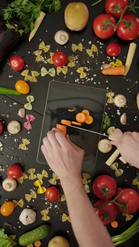 Vertical of Crazy cook cutting carrot on digital tablet, damaging the device. Stock Footage 276933236