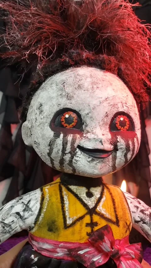 Vertical creepy doll laughing scary Stock Video Pond5