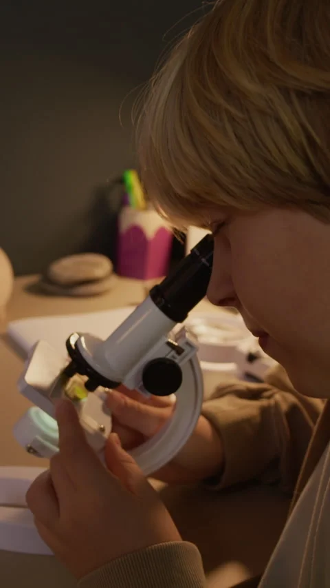 Vertical of Curious Student Boy Examining Leaf Specimen under Microscope at Desk Stock Footage 326654589