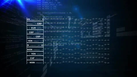 Vertical currency table floating over dark code interface, highlighting glowing Stock Footage 308602874