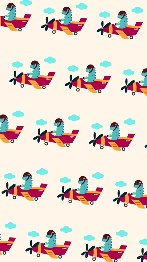 Vertical cute dinosaur riding an airplane seamless pattern looping animation Stock Footage 342036994
