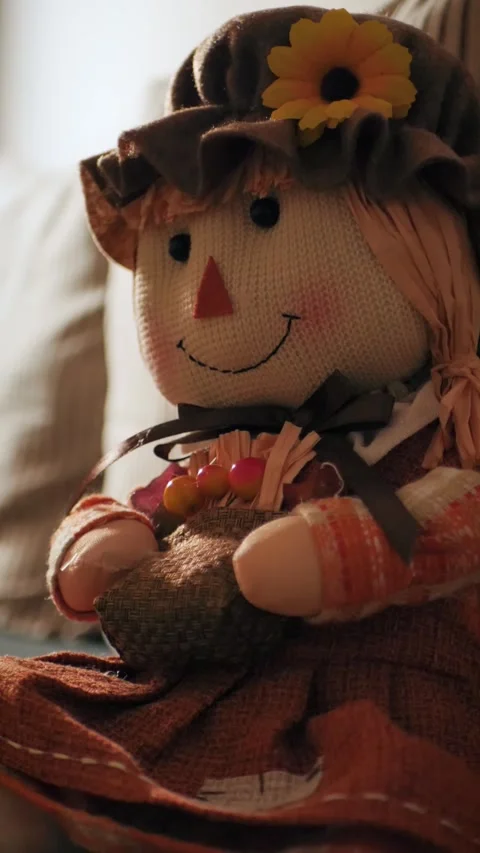 Vertical Cute Scarecrow sitting on Bench Stock Footage 286179119