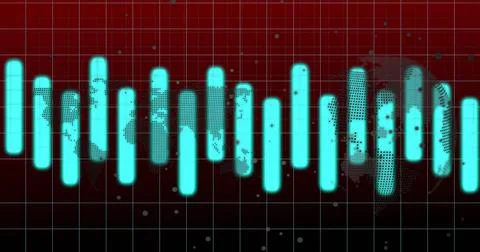 Vertical cyan bars pulsating on dashboard, with red grid overlay, world map Stock Photos