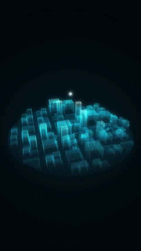 Vertical cyan LiDAR point cloud city scan with pulsing rings and orbiting c.. Vídeo Stock 346913081