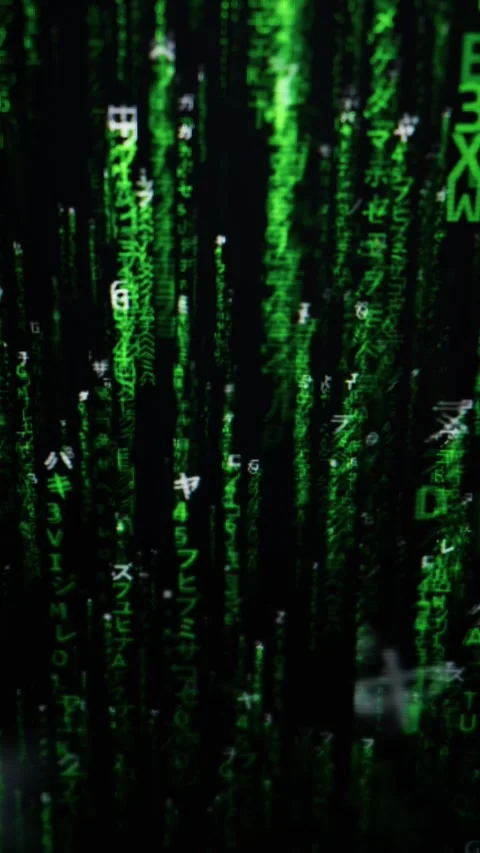 Vertical Cyberpunk Green Digital Code Rain Background with Glitch Effects Stock Footage 334733885