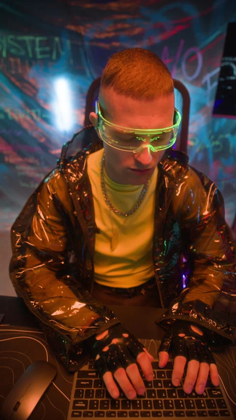 Vertical of Cyberpunk Hacker Programming on Computer in Neon Workspace 스톡 동영상 327634283