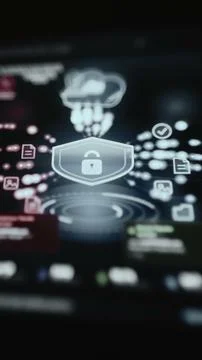 Vertical cybersecurity dashboard centers a locked shield beneath a cloud 스톡 사진