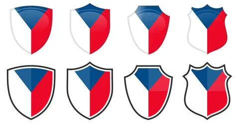 Vertical Czech flag in shield shape, four 3d and simple versions. Czechia ico Stock Illustration