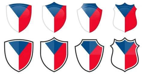 Vertical Czech flag in shield shape, four 3d and simple versions. Czechia ... Stock Photos