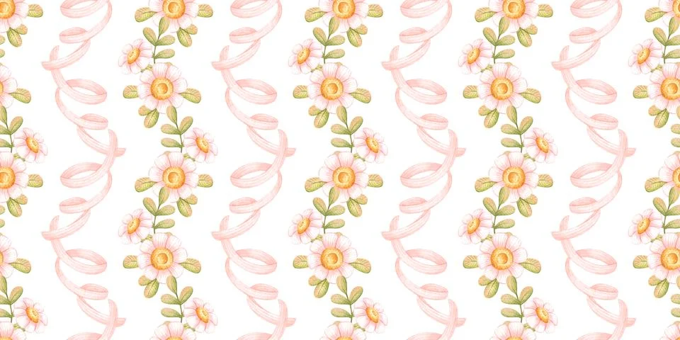 Vertical daisy ribbon stripe pattern watercolor Stockillustratie