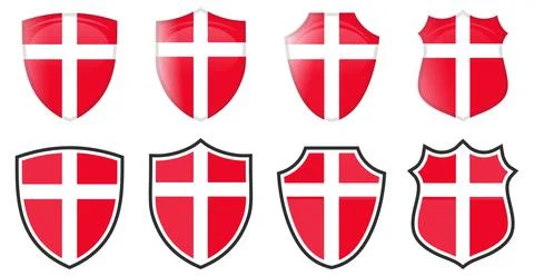 Vertical Danish flag in shield shape, four 3d and simple versions. Danmark ic Ilustración de archivo