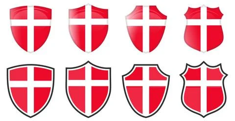 Vertical Danish flag in shield shape, four 3d and simple versions. Danmark... Stock Photos