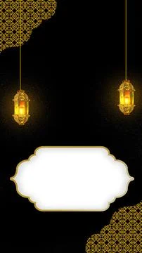 A vertical dark background featuring glowing gold lanterns, intricate geome.. 스톡 사진