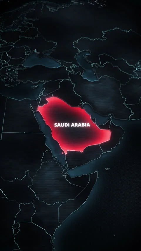 Vertical Dark Digital Map Highlighting Saudi Arabia In Glowing Red Alert Stock Footage 336567022