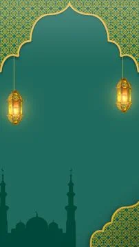 A vertical dark green background featuring golden Islamic geometric pattern.. Stock Photos