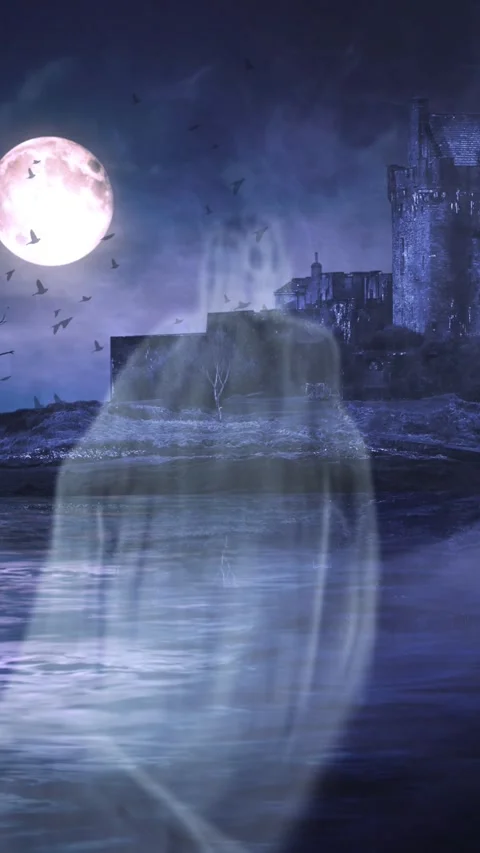 Vertical Dark Lake Castle Bats and Ghosts 4K Loop Video stock 274450491