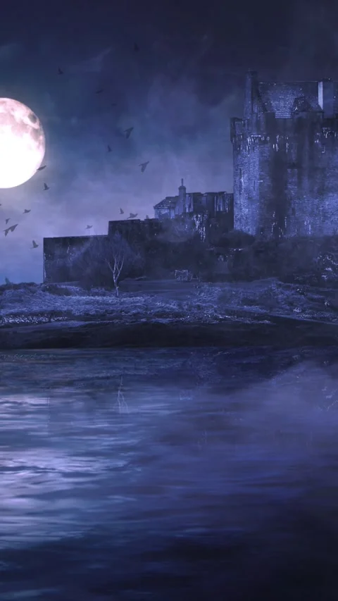 Vertical Dark Lake Castle with Bats Flying 4K Loop Stock Footage 274450504