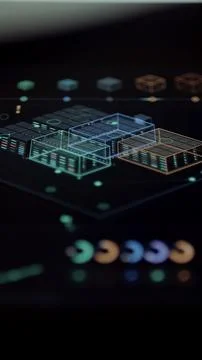 Vertical dashboard presents a color-coded isometric digital twin Stock Photos