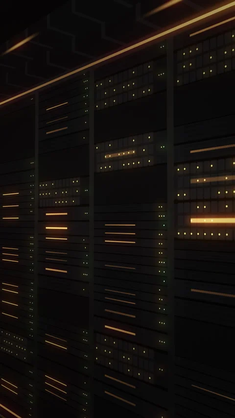 Vertical data center aisle with server racks and glowing amber neon light s.. Stock Footage 347168346