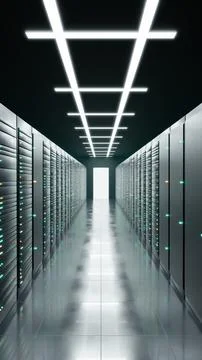 Vertical data center corridor with teal lights, 3D render Stock Illustration