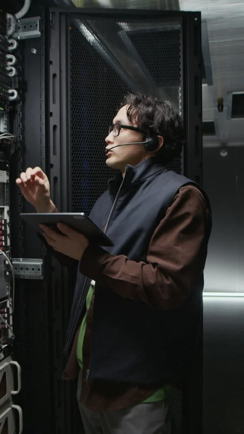 Vertical of Data Center Engineer Managing Server Rack with Digital Tablet Stock Footage 330541699
