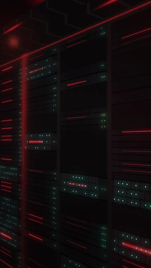 Vertical data center server racks under flashing red alarm light with teal .. Vídeo Stock 346965396