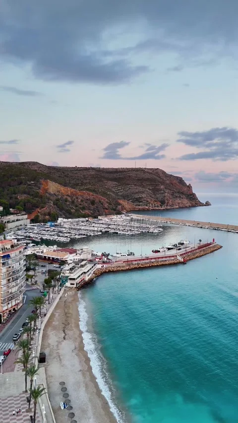 Vertical Daytime Aerial at Puerto de Javea Marina, Costa Blanca Spain Видео 337405045