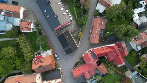 Vertical dead-down aerial view of the old town of Visby, in Gotland, Sweden Stock Footage 300105966