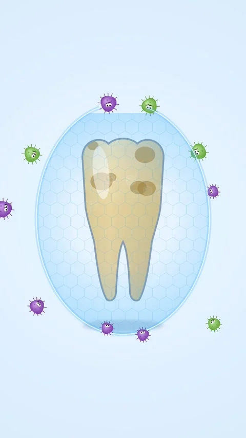 In this vertical dentist explainer, a cartoon molar with dark cavities is Stock-Footage 347604848