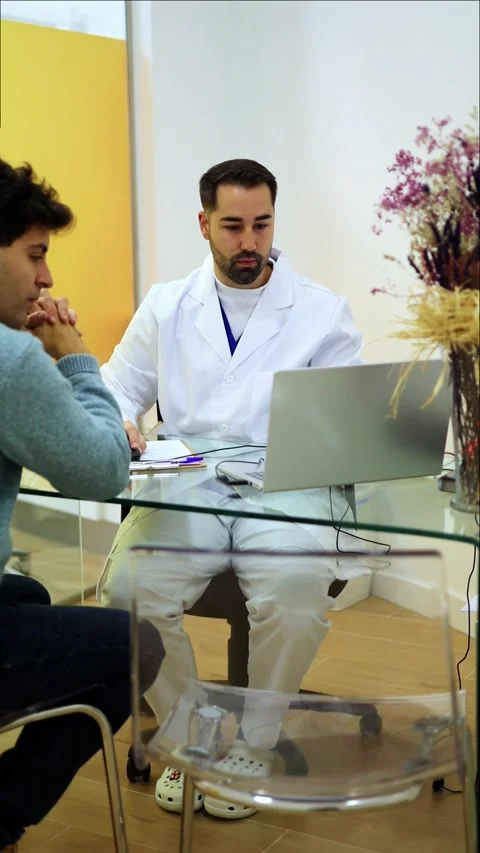 Vertical Dentist explaining treatment using laptop to patient Stock Footage 295784533