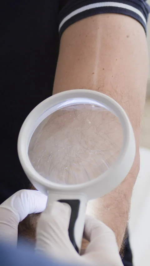 Vertical of Dermatologist Examining Elbow through Magnifying Glass Stock Footage 322517451