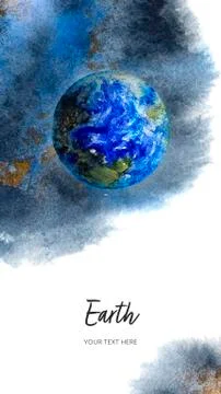 Vertical design planets set card template with Earth on watercolor spine. Hand Stock Illustration