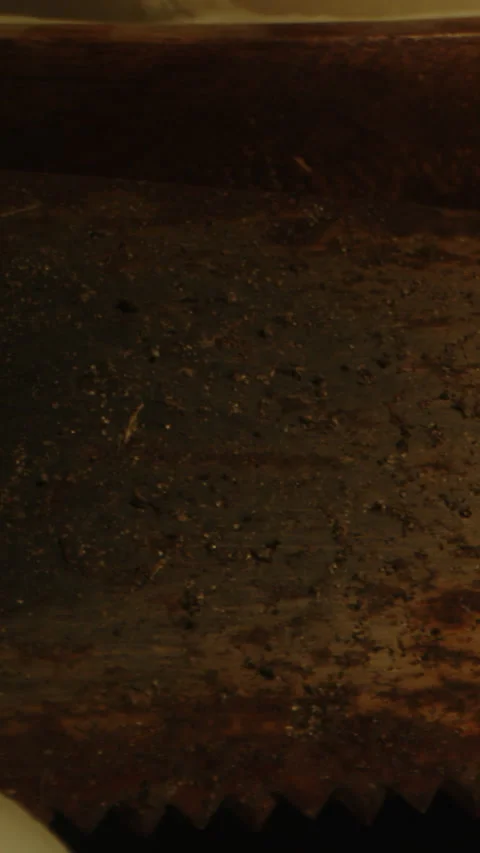 Vertical detailed macro dolly of a rusty and dirty saw lying at the base of an Video stock 336001691