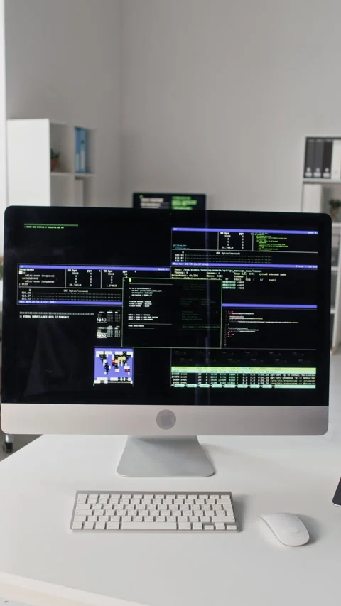 Vertical of Developer Workstation with Computer Displaying Code Build in Office Stock Footage 330133388