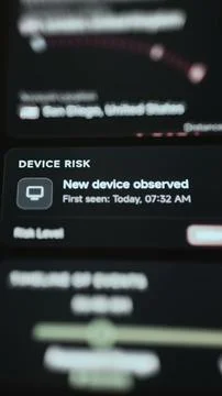 Vertical device risk panel reports a newly observed computer first seen Foto stock