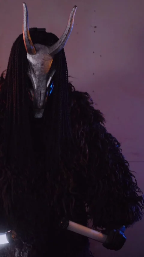 Vertical, The devil monster dances with RGB sticks in his hands. Stock Footage 301543822