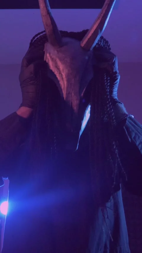 Vertical. Devil Monster Suffers, Dances, Gets Angry mystical man in a scary mask Stock Footage 302192088