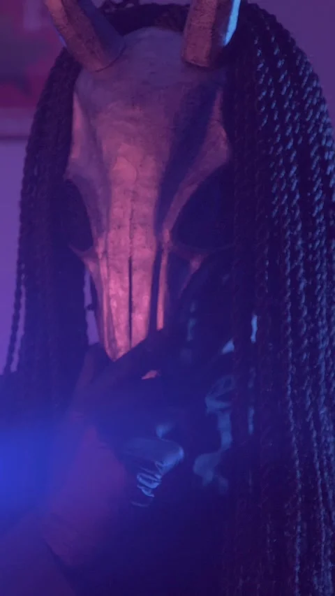 Vertical. Devil Monster Suffers, Dances, Gets Angry mystical man in a scary mask Stock Footage 302192233