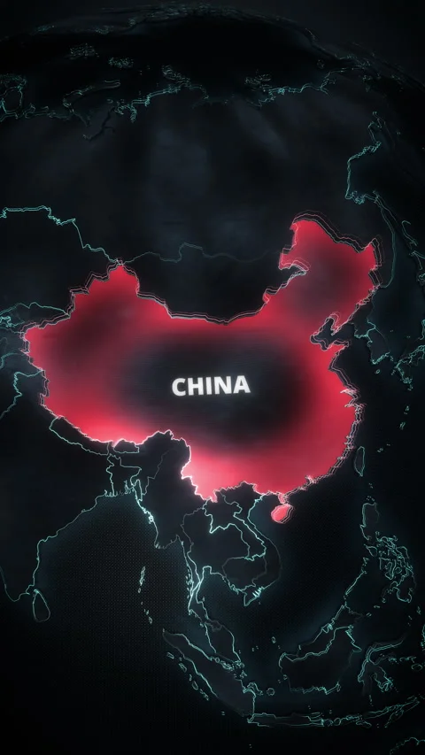 Vertical Digital 3D Map of China with Red Pulsating Highlight and Tech Outlines Vidéo 334611957