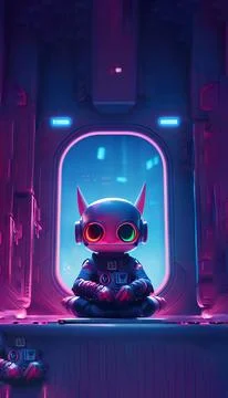 Vertical digital art of a cute cyborg devil cartoon character Stock Illustration