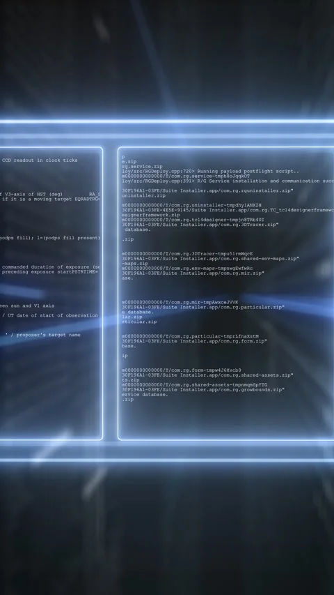 Vertical digital coding animation with glowing panels, layered source code, and Stock Footage 328698860
