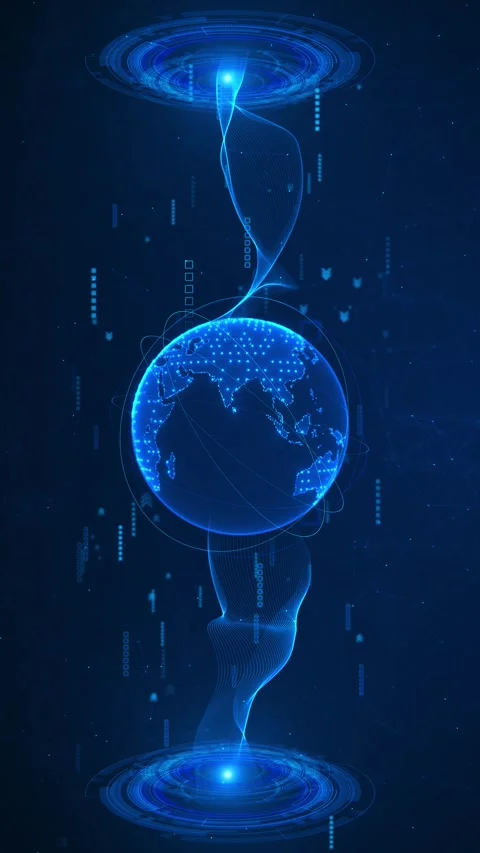Vertical digital globe portal background glowing earth sphere, flowing blue Stock Footage 340526665