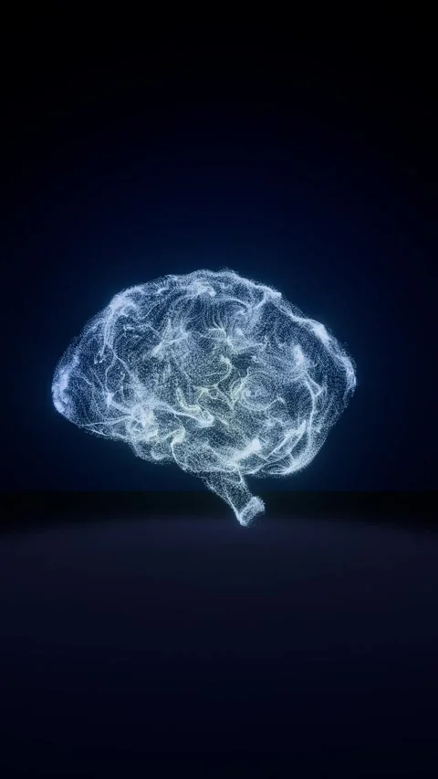 Vertical Digital Human Brain Formed by Glowing Particles on Dark Background 库存影片 341450695