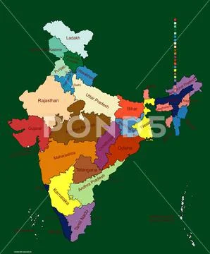 Vertical digital India map on green background with place names ...