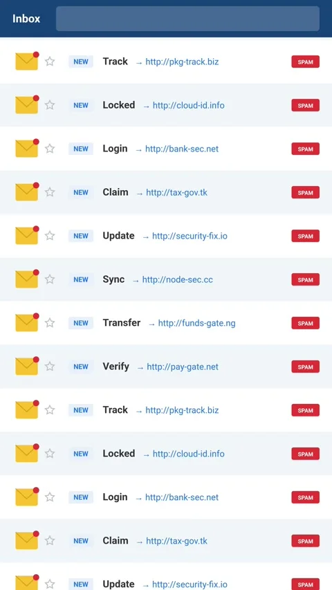 Vertical digital interface with email inbox and suspicious phishing messages Видео 347691792