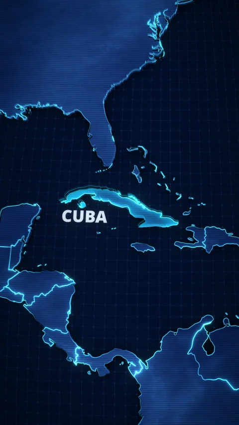 Vertical digital map highlighting Cuba, Caribbean region with neon glow Stock Footage 340257889