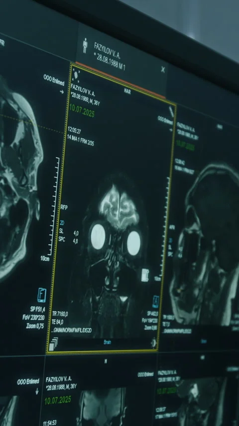 Vertical of Digital Screen Displaying MRI Scans Used to Analyze Brain Structure Stock Footage 318659873