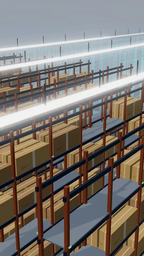 Vertical Digital Twin Wireframe Replacing A Rack Field Worked By Mobile Robots 動画素材 344638491