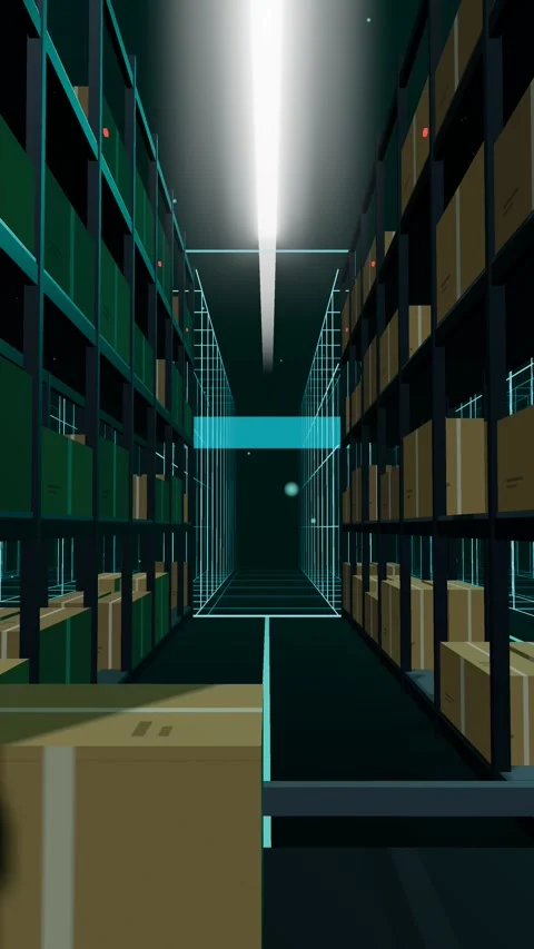 Vertical Digital Twin Wireframe Replacing A Warehouse Aisle Beside A Conveyor 動画素材 344638533
