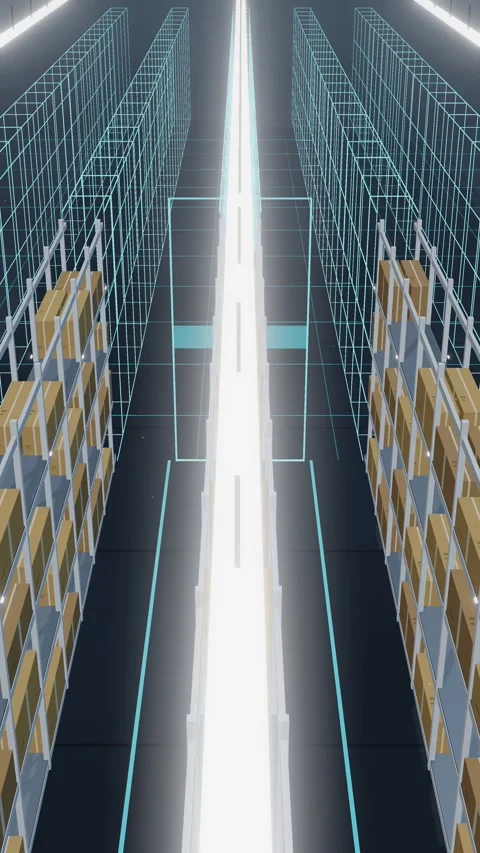 Vertical Digital Twin Wireframe Replacing A Half Empty Warehouse Rack Run Above 動画素材 344640385